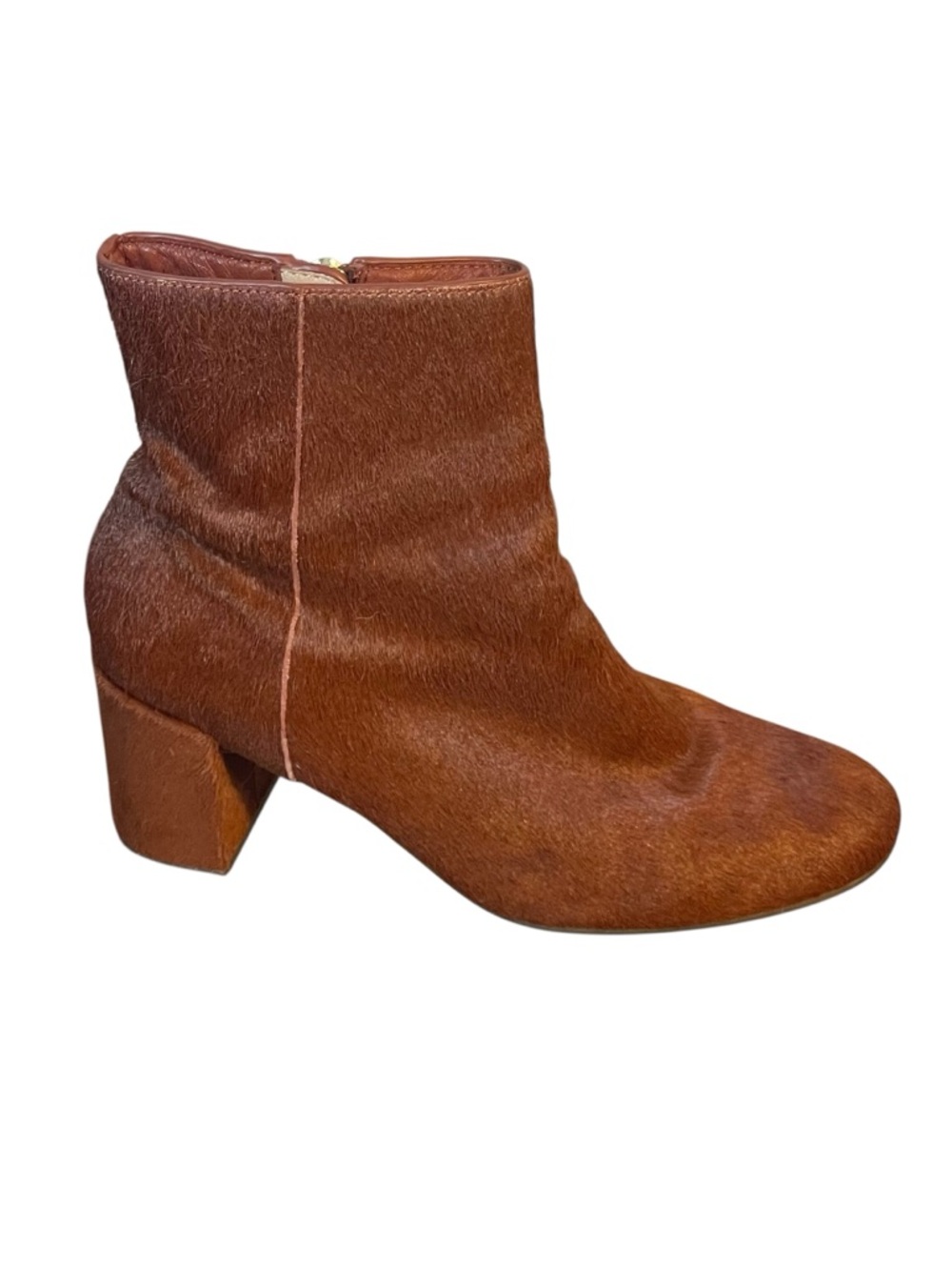 Taryn Rose Cassidy Calf Hair Burnt Orange Block Heel Zip Ankle Boots Sz 5